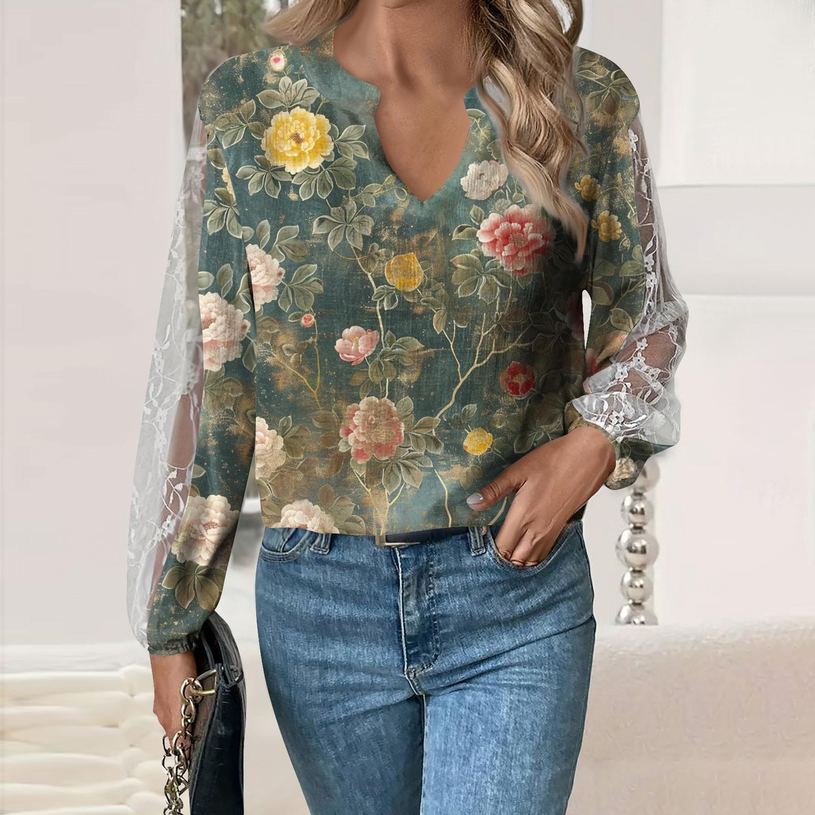 

Женские топы с длинными рукавами, повседневные свободные футболки с v-образным вырезом, милые топы-туники с кружевными рукавами и принтом XL