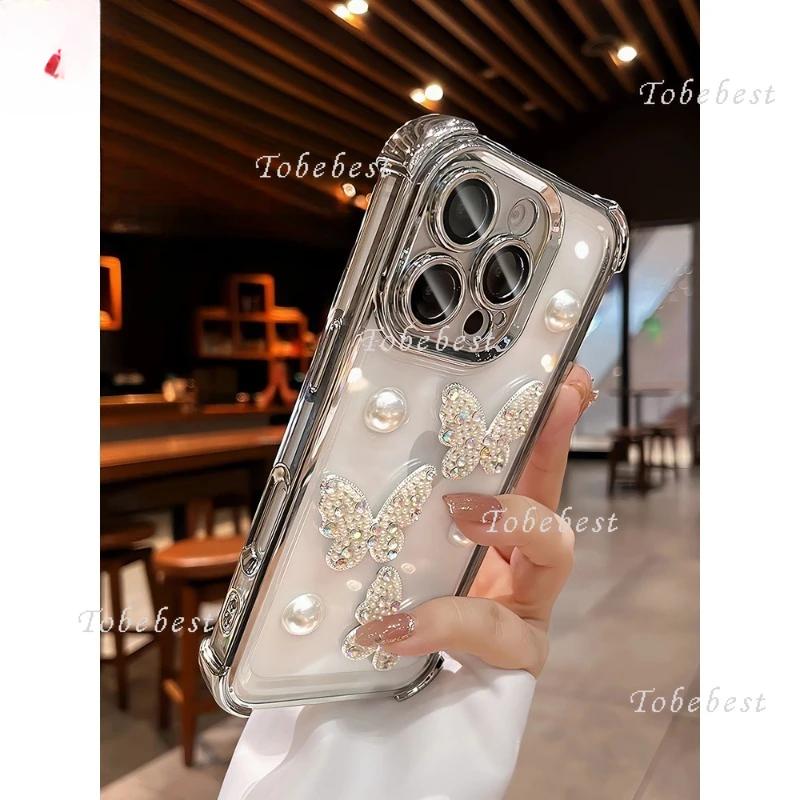 3D Pearl Butterfly Shockproof Plating Silicone Case for iPhone 16 16E 15 14 13 12 Mini 11 Pro XS Max XR X 8 7 Plus Cover