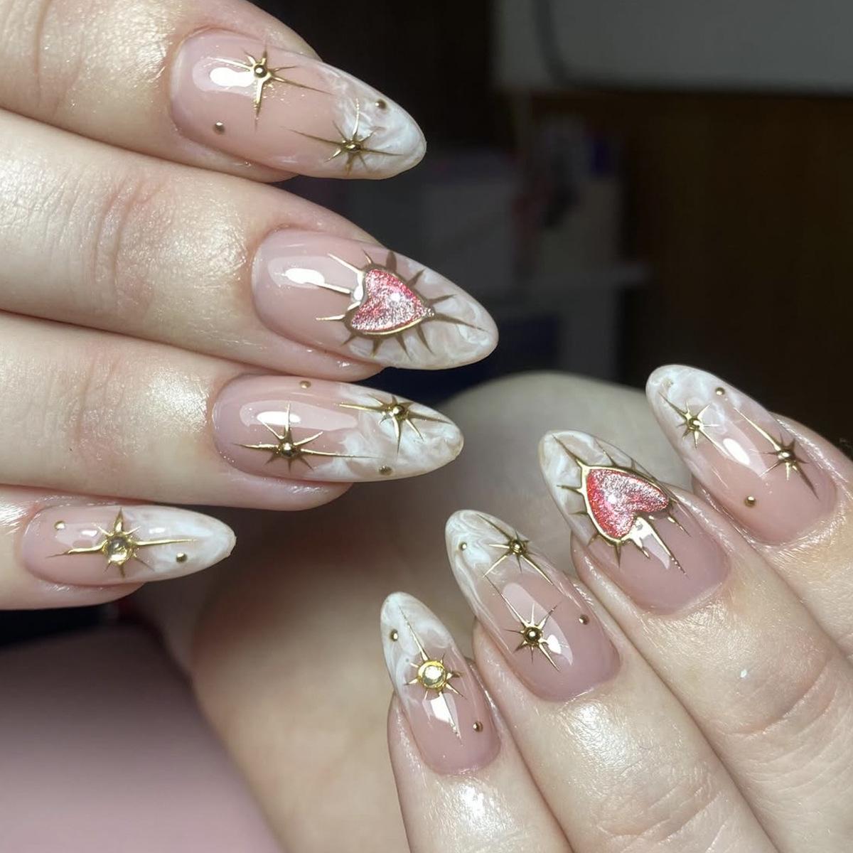 Almond-Shaped White Marble Cat Eye Heart Star Print Detachable Nails