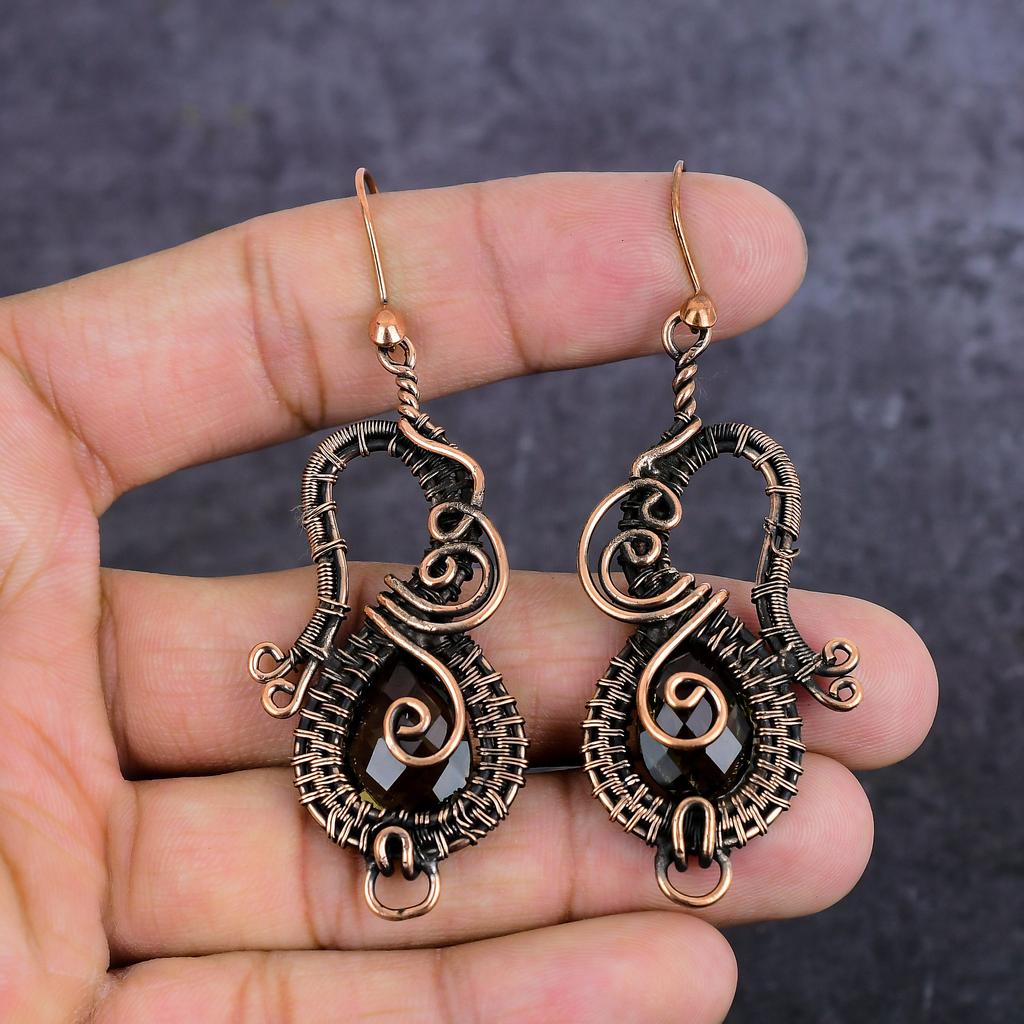 Natural Smoky Topaz Gemstone Copper Wire Wrap Jewelry Earring 2.96" p4e44