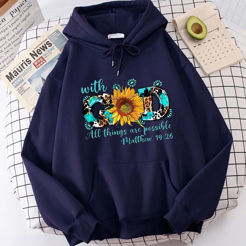 With God All Things Are Possible Matthew Print Hoodies Women's Funny Graphic Hoody Casual Graphic Pullovers Sweatshirts