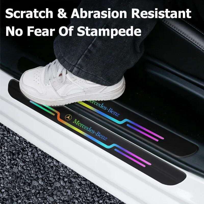 UAYLZ1 2025 Hot 4Pcs Car Laser Threshold Protect Auto Emblem Sticker Accessories For Mercedes Benz AMG Brabus Smart W204 GLC CLA W205 W