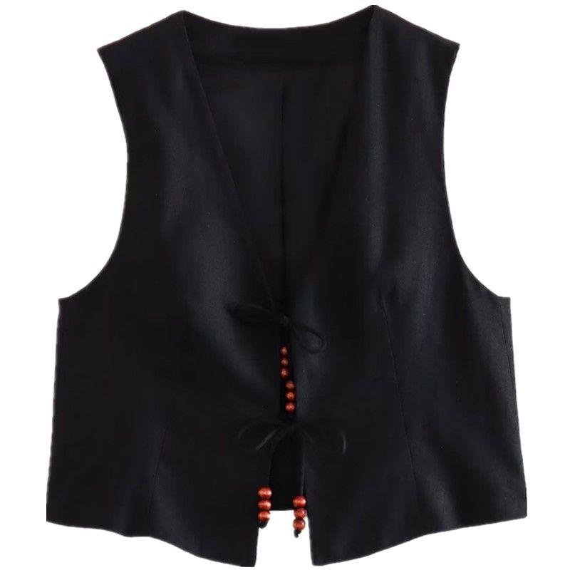 Fashion Style Spring/Summer New Arrival Fashion Trendy Women's Clothing V-neck Vest Easiest for Match Beaded Linen Vest 7593503