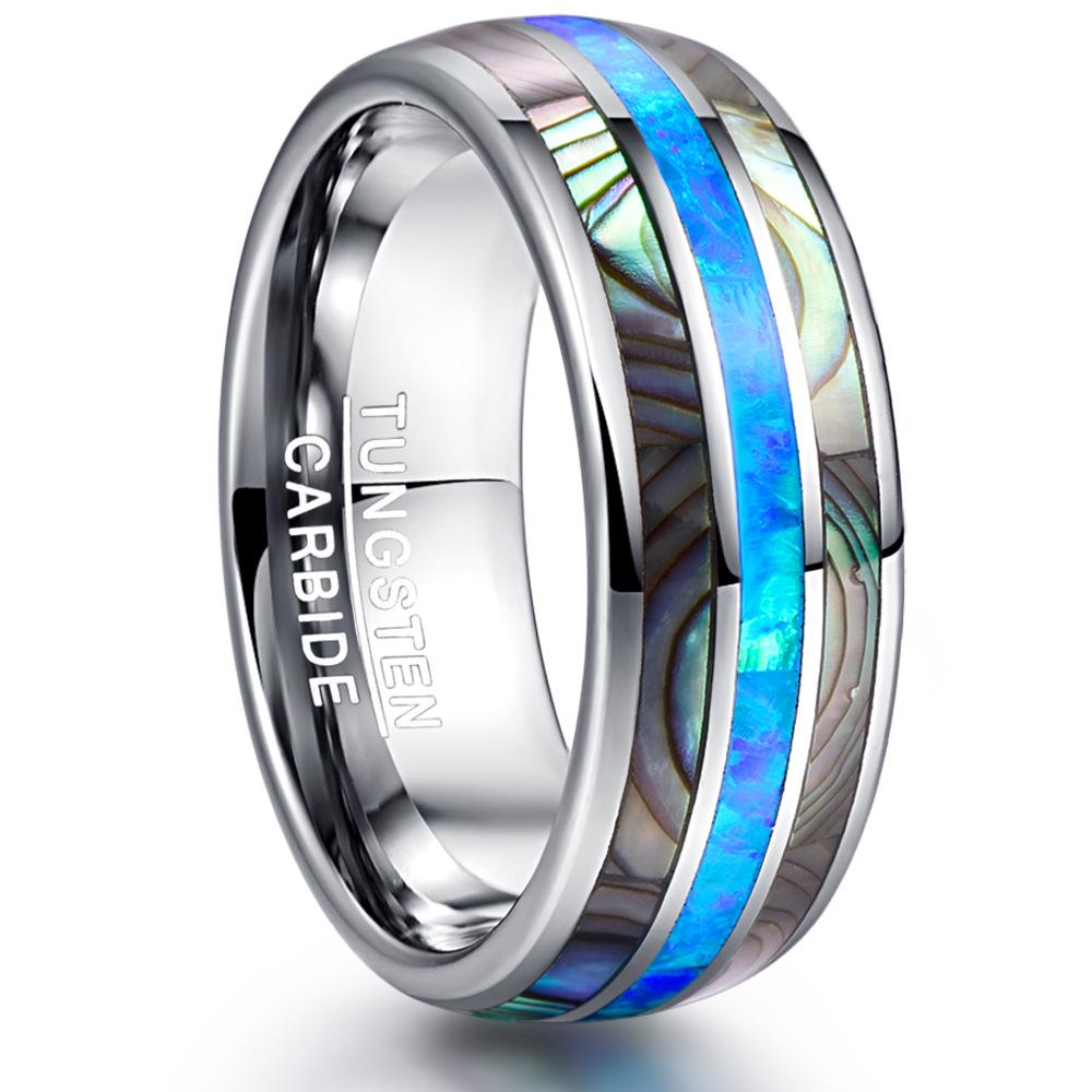 8mm Wide Men's Tungsten Steel Ring with Polished Dome and Three-Groove Inlaid Opal & Abalone Shell