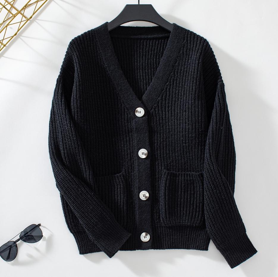 Knitted Sweater Loose Casual Solid Color V-Neck Single Breasted Knitted Sweater for Women 2026 Spring Autumn Cardigan