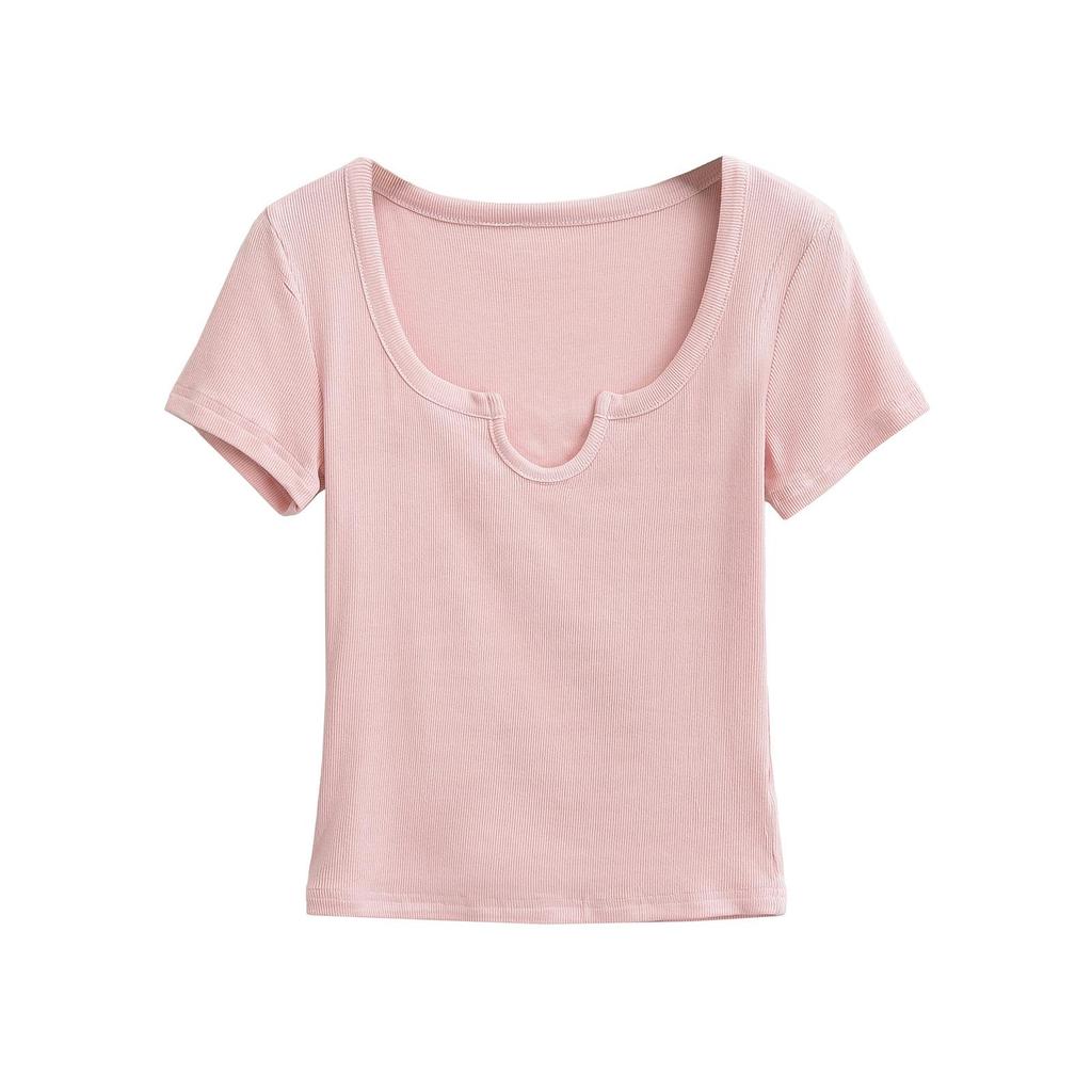 Summer 2025 European & American Style Ribbed Slim Fit U-Neck Short Sleeve Top