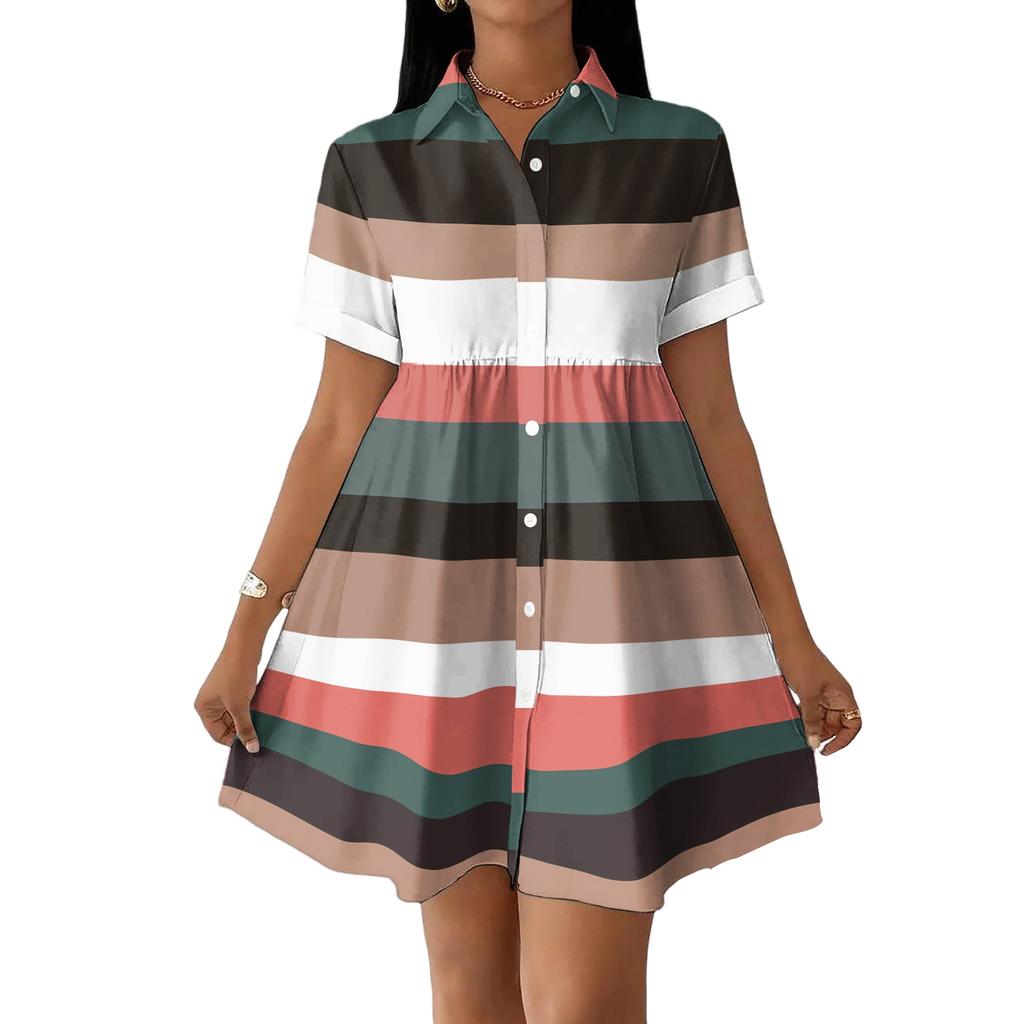 Women Loose Fit Shirt Dress Button Front Stand Collar Short Sleeve Casual Dress with Stripe Print for Daily Wear