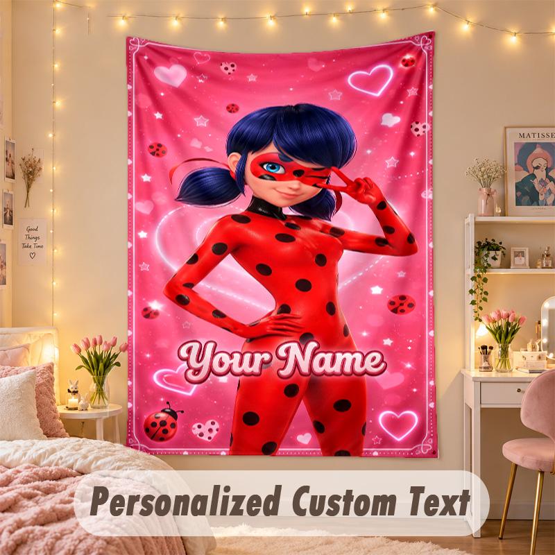 Custom Personalized Tapestry,Miraculous Ladybug Print Custom Name Text Wall Art Hanging for Bedroom