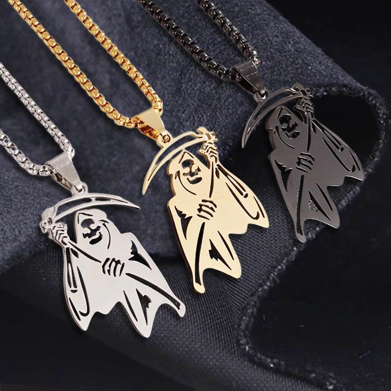 Halloween Series Reaper Skull Pendant Accessories Skull Reaper Sickle Pendant Necklace Men's Titanium Steel Necklace