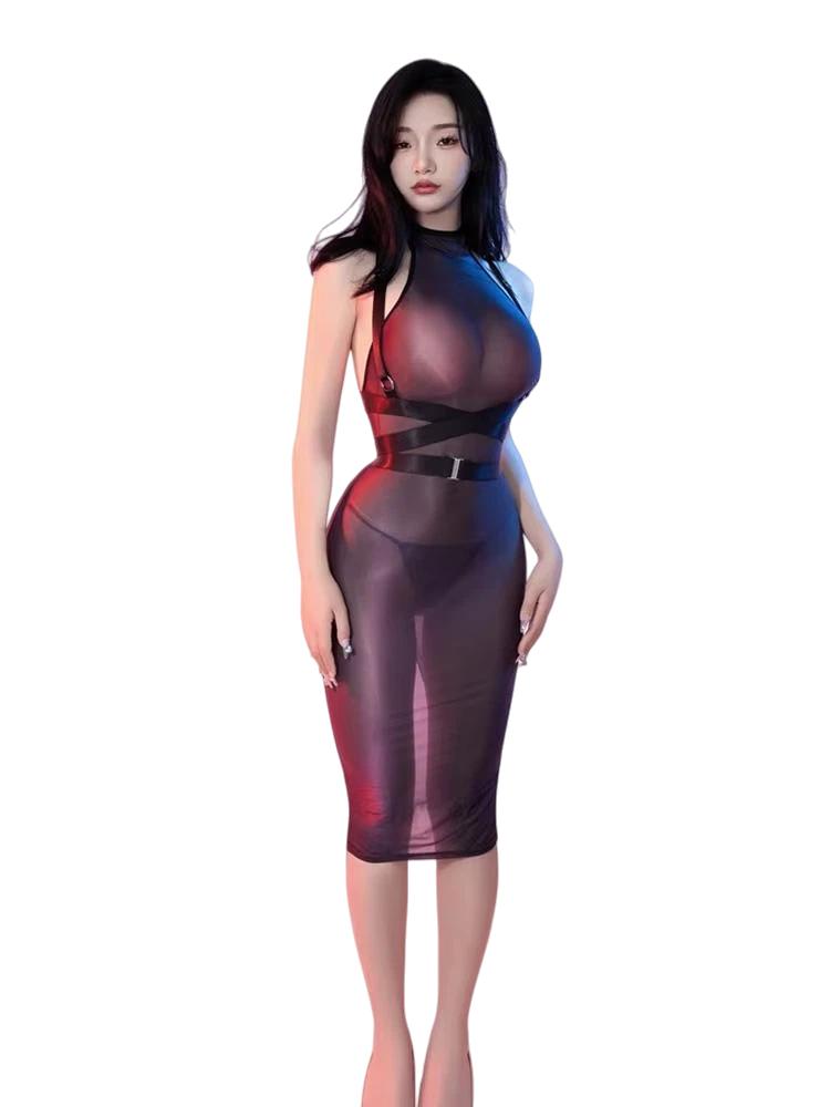 Sexy dámské lesklé těsné mikro mini šaty s olejovým leskem, průhledné, bez zad, na zavazování, elastické šaty, Cosplay šaty služebné