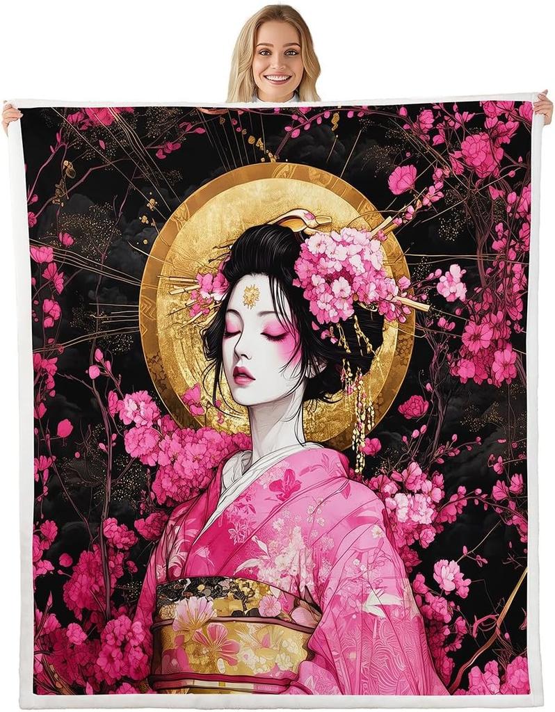 Japanisches Geisha-Mädchen ÜberwurfdeckeRosa Lila Blumenmuster DeckenMond Sternenhimmel Nacht Fleece Decke für Kinder Mädchen Frau Erwachsenen