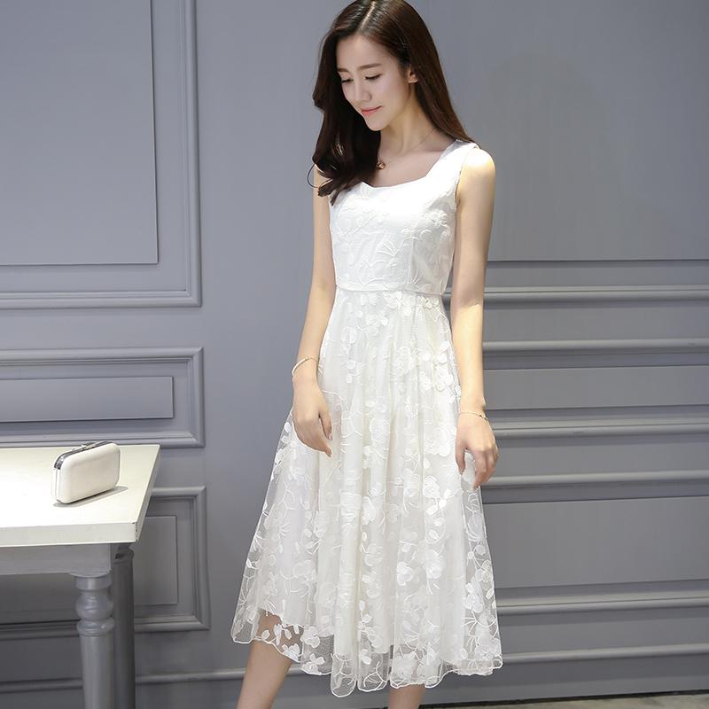 Women White Lace Sleeveless A-line Beach Dress