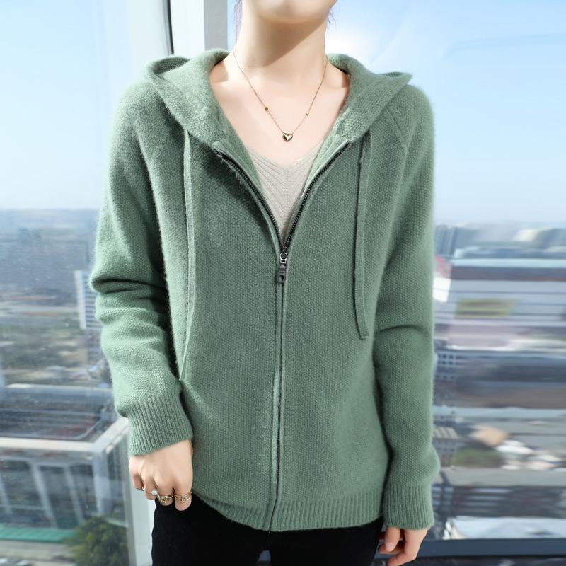 Wool Knitted Jacket for Women Solid Color Autumn and Winter Women's Hooded Double Zipper Sweater Cardigan Thick Top