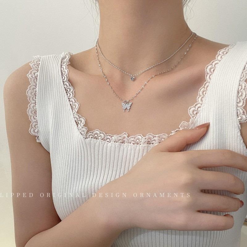 Summer Pearl Double-Layered Heart Necklace for Women - High-end Design, Small-Scale, Layered, Delicate Collar Chain Necklace