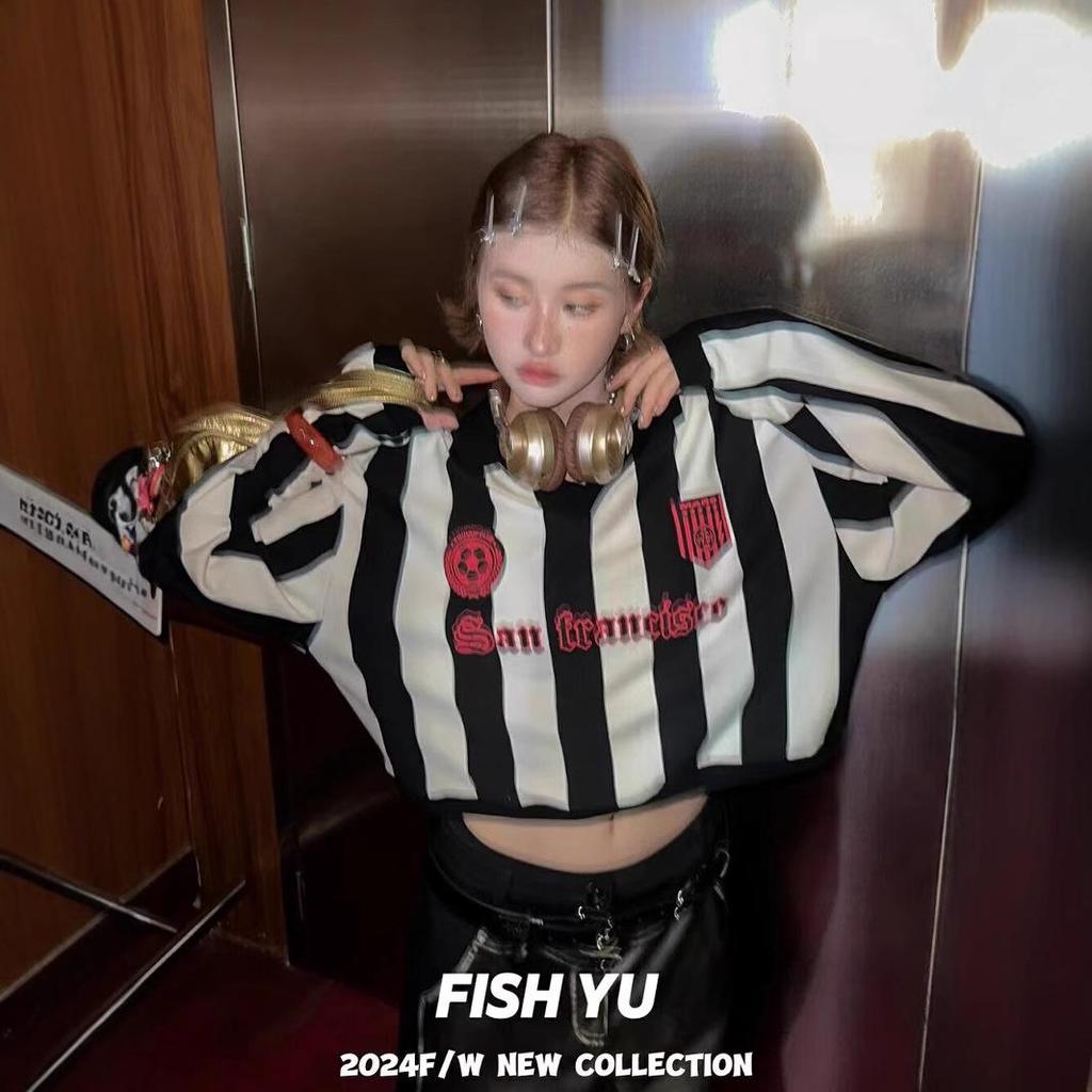 2025 Spring/Autumn Retro Jersey Vertical Stripe Letter Print Polo Collar Sweatshirt for Women