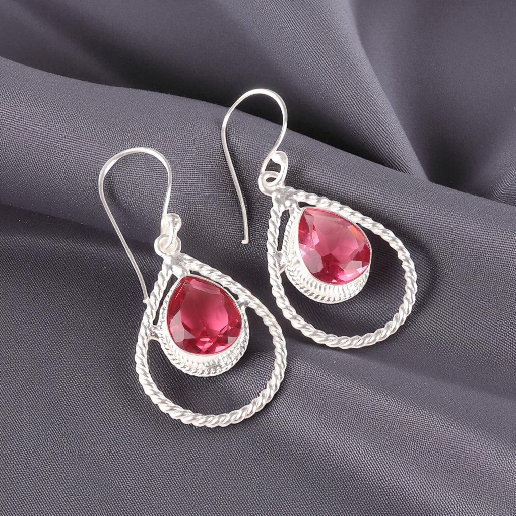 Pink Tourmaline Gemstone 925 Sterling Silver Jewelry Handcrafted Earrings 1.70" EE-96-15