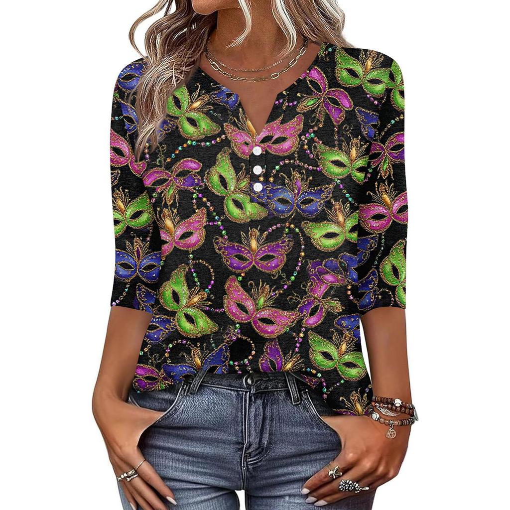 Dámské tričko s potiskem, knoflíky, 3/4 rukávy, pro každý den, na víkend, módní, základní, s výstřihem do V, běžný top