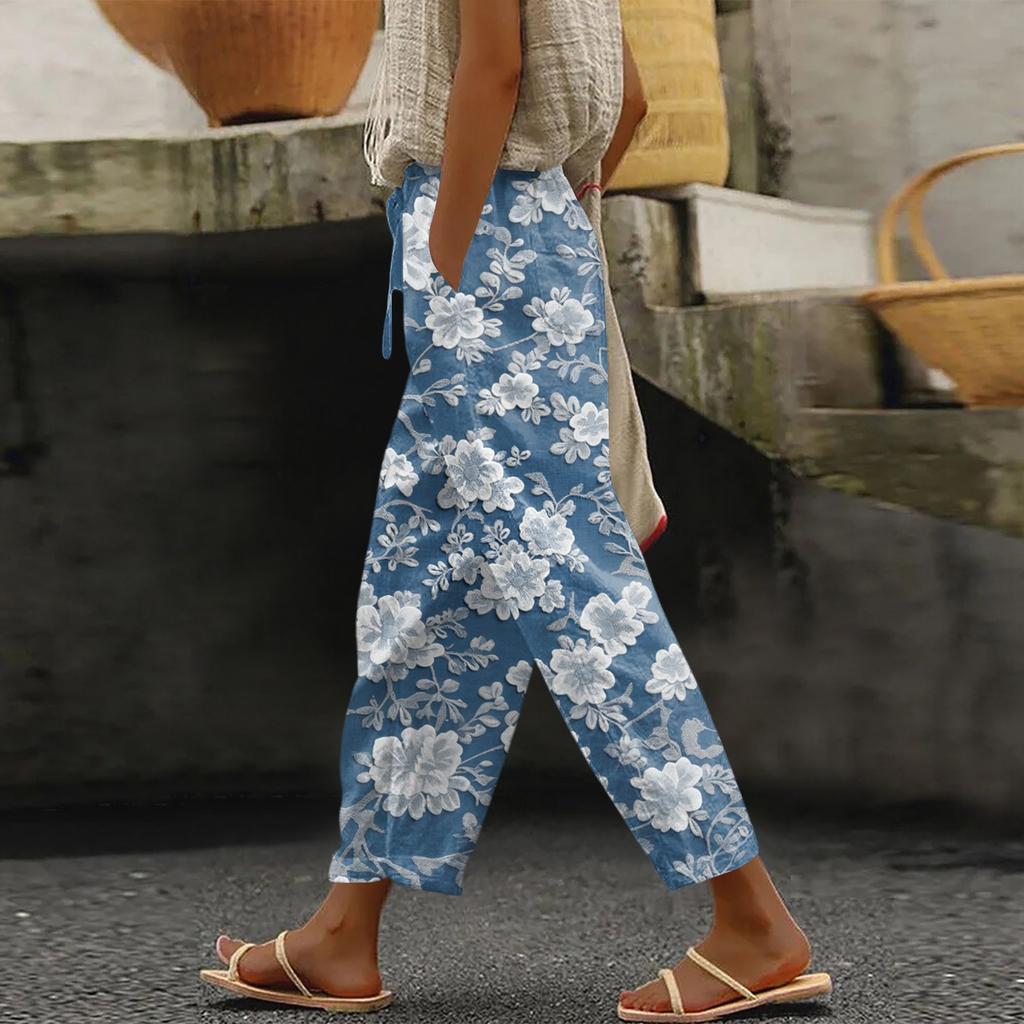 Damen Modische Hose mit Blumenmuster, Kordelzugtaschen und elastischem Bund für Freizeit