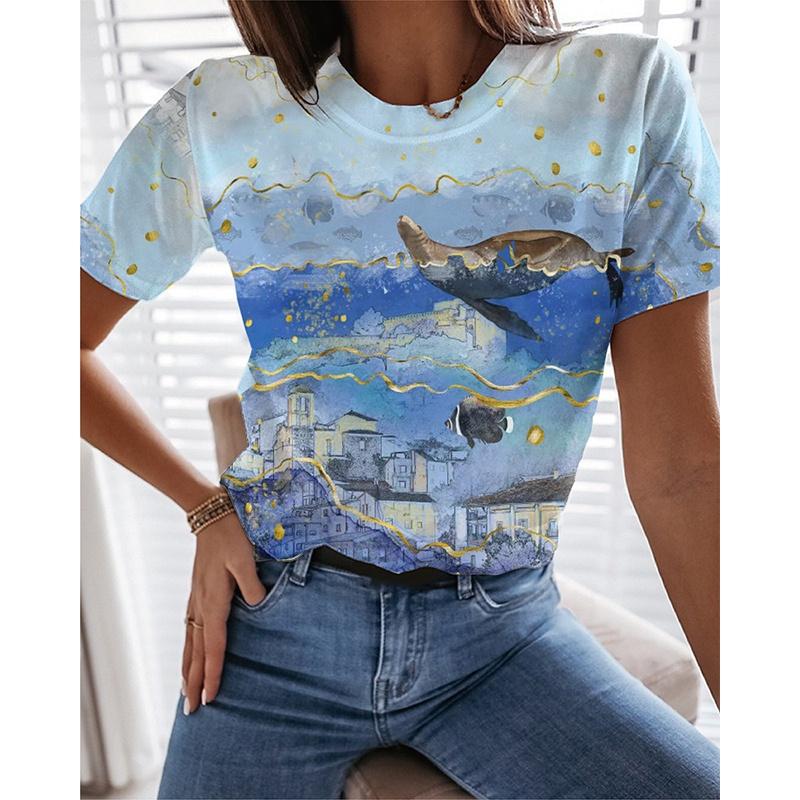 Letné morské zvieratá 3D potlač Tričká Čajka Delfín Dámske Módne Streetwear Oversized s okrúhlym výstrihom Tričko Dievča Ženské Vrchné diely Tričká Oblečenie