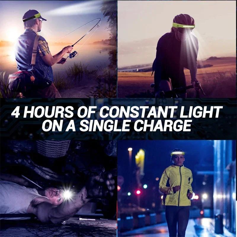 LED Headlamp 6 Modes Headlamps with Motion Sensors Type-C USB Charging COB 230°Wide Beam Headlamps Waterproof Head Light