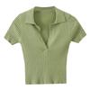 Retro Lapel Knit Short-sleeved T-shirt Female V-neck Slim Short Section of The Navel Heart Machine Tops Casual Essential Slim Fit Pullovers Tees