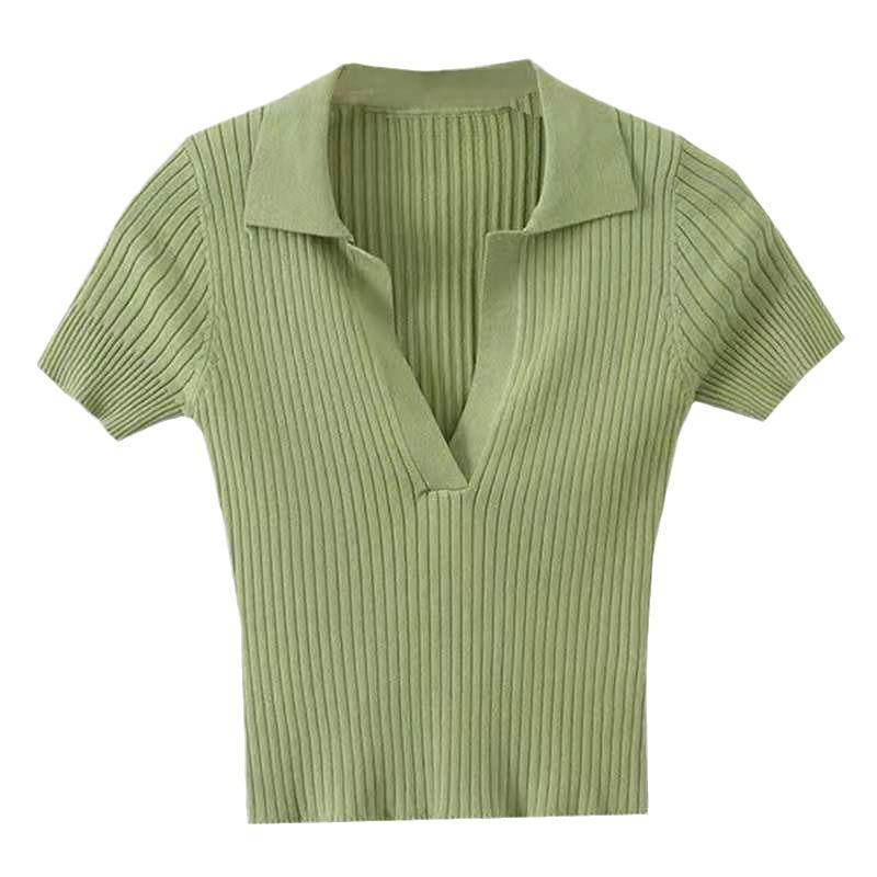 Retro Lapel Knit Short-sleeved T-shirt Female V-neck Slim Short Section of The Navel Heart Machine Tops Casual Essential Slim Fit Pullovers Tees