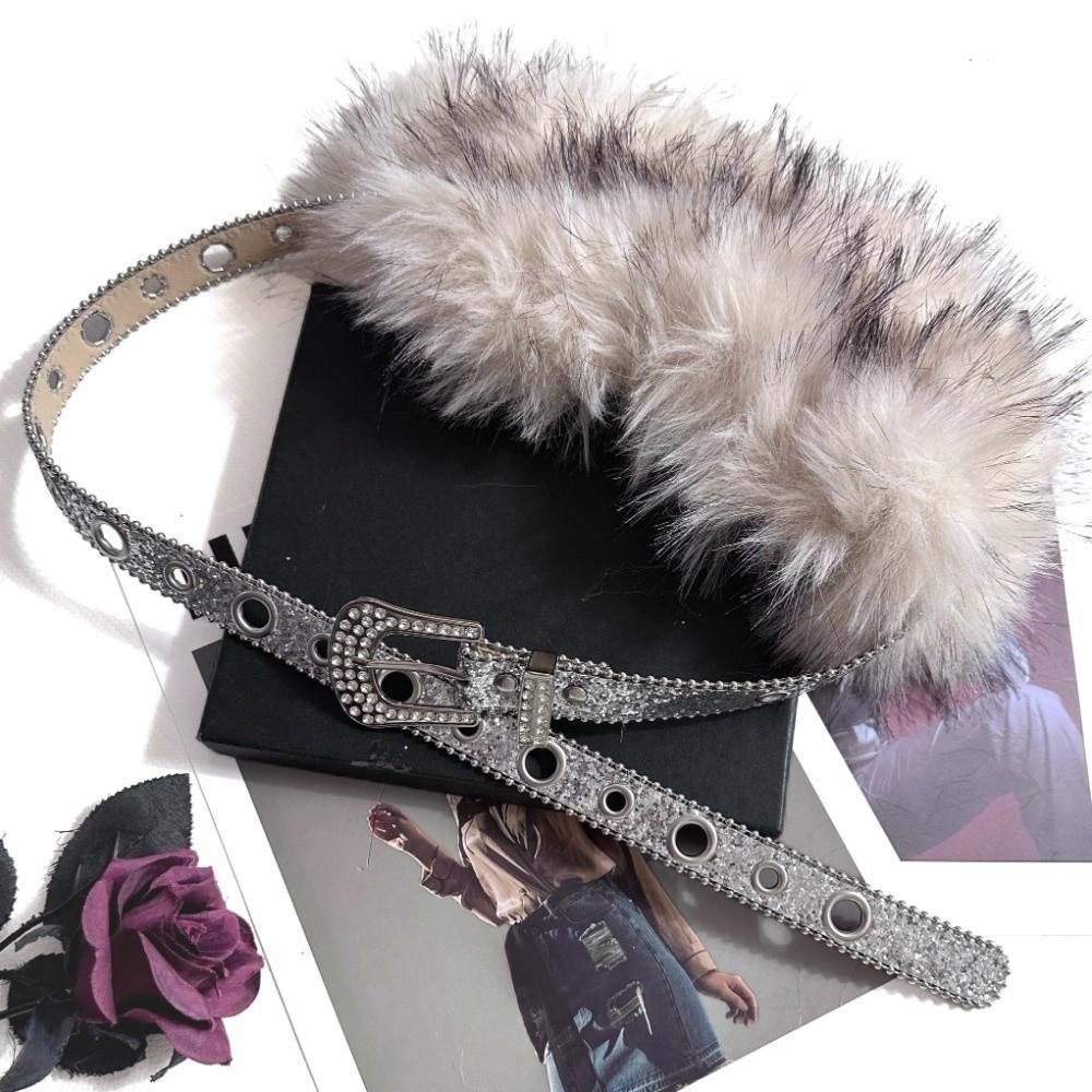 Spicy Girl Style Leather Fur Belt Rhinestone Plush Waist Belt Furry Waistband  Female/Girls