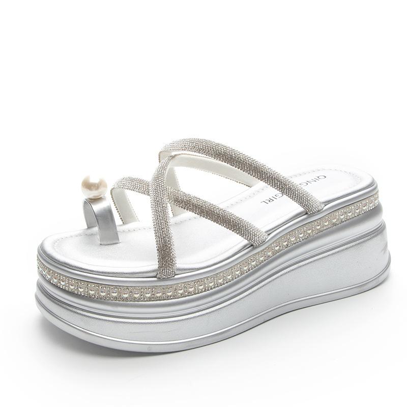 Fashion 7.5CM Synthetic Rhinestone Slippers Luxury Sandals Elegance Leisure Fashion New Summer Women Bling Platform Wedge Flats Shoes