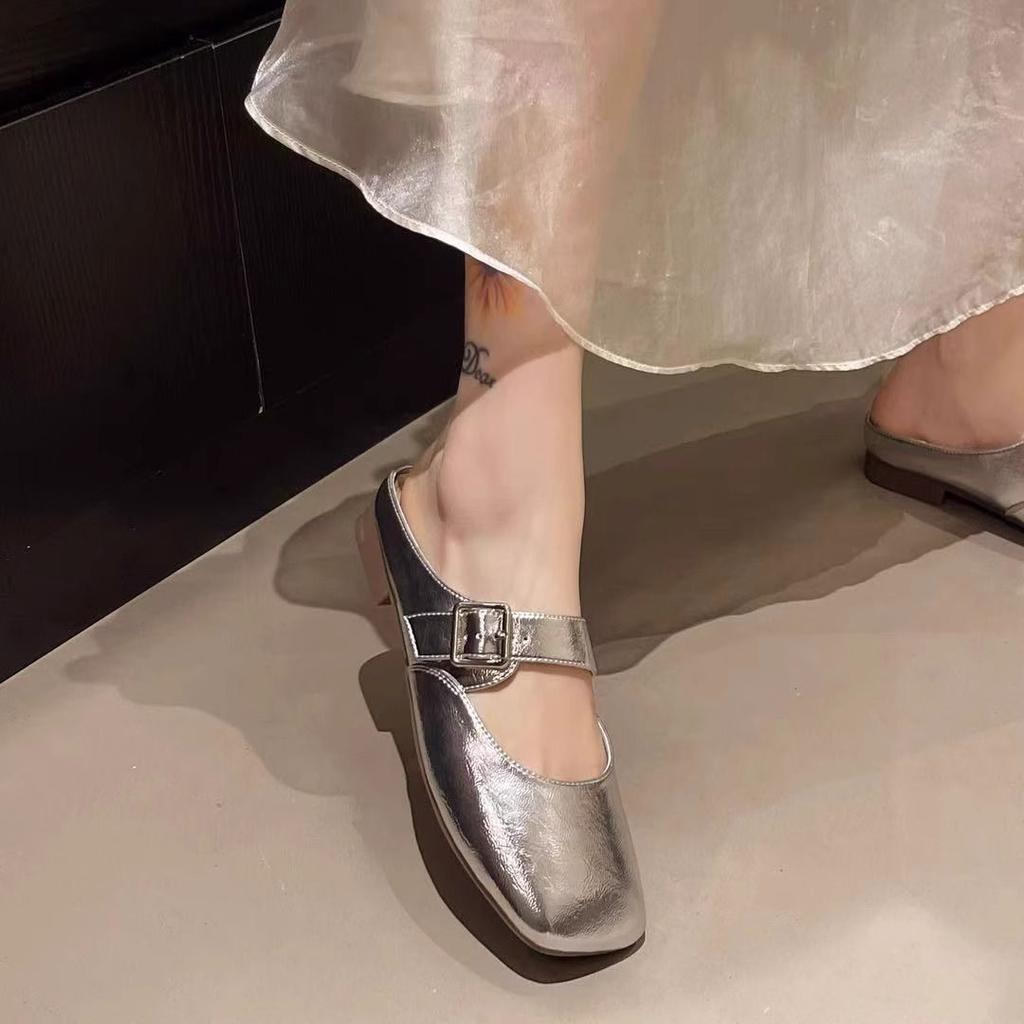 Temperament Square Head Mary Jane Shoes Women's Autumn 2025 New Light Mouth Bag Head Half Slippers Low Heel French Flat Bottom Half Tray