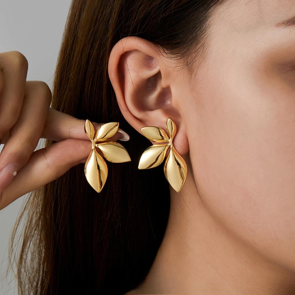 Fashion Temperament Stainless Steel Gold Color Shiny Surface Flower Petals Leaves Stud Earrings for Women Jewelry Accessory Gift