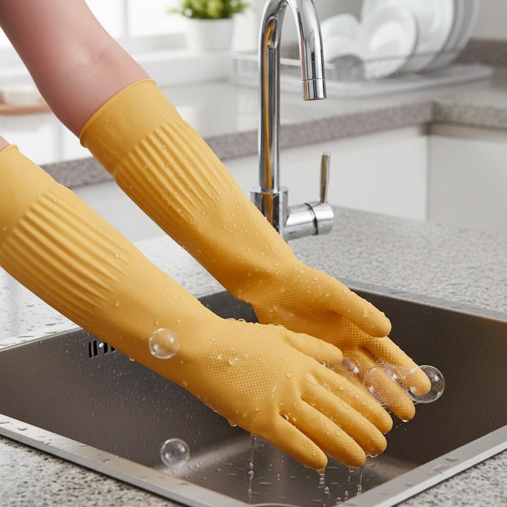 Long Rubber Gloves for Kitchen Cleaning Dishwashing Laundry Durable Latex Flocking Warm Thickened