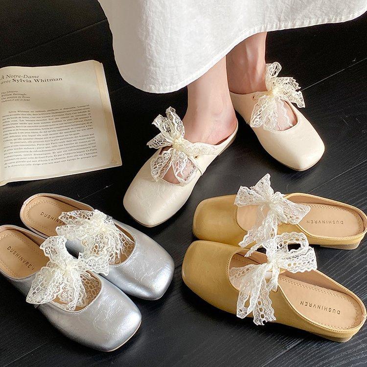 

Lace bow outer wear half slippers women s spring and summer new silver thick heel soft leather shoes bag head slippers 35 срібний