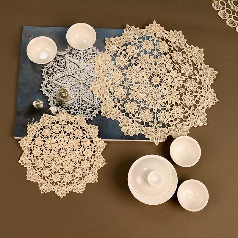 Beige Lace Floral Tablecloth & 3D Coasters Set - Heat-Resistant, Country Style Round Mats