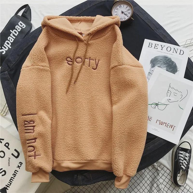 

Официальный женский свитер с капюшоном из овечьей шерсти - пушистая бархатная ткань, теплая для осени и зимы, в европейском и американском студенческом стиле L