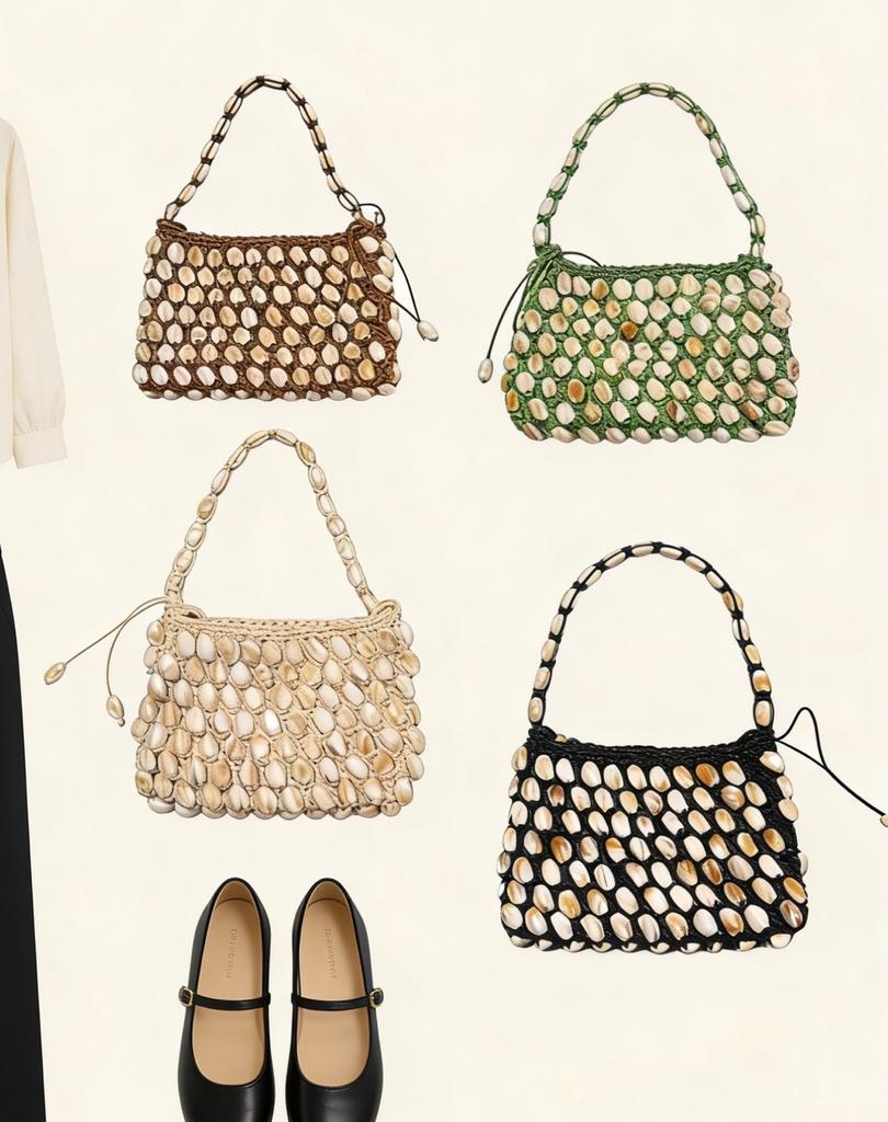 Handwoven Hollow out Wood Bead Shoulder Bag for Women Commuter Style Cross-Border Trend Medium Square Shape Cotton Lining