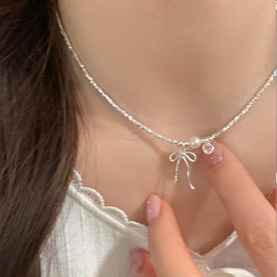 Broken Silver Metal Bow Love Pearl Necklace Female Design Sense Niche Personality Versatile Neck Chain Collarbone Chain