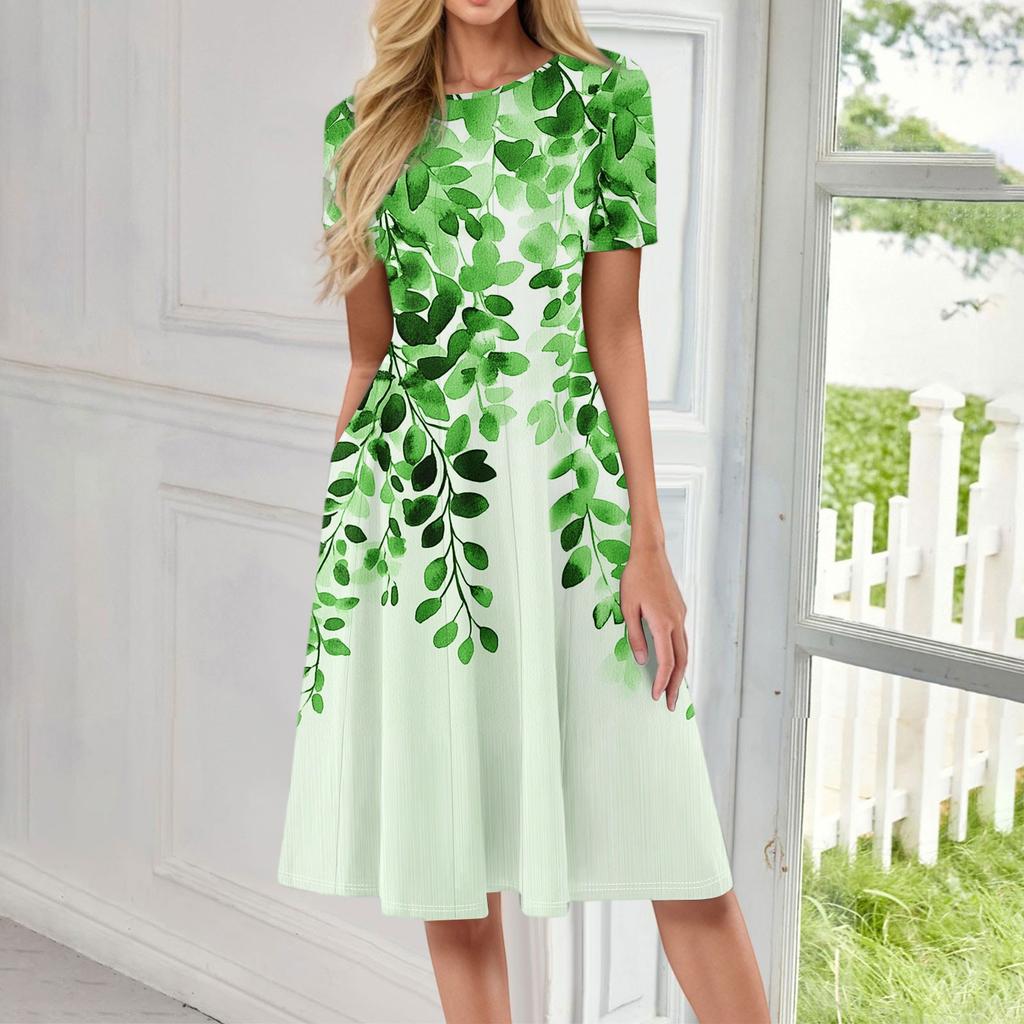 Women's Fashionable Print Round Neck Loose Short Sleeved Pocket Pullover Dress