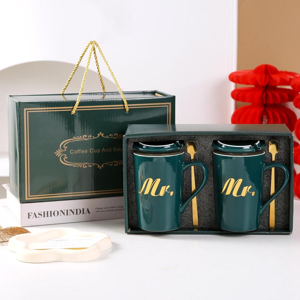 Souvenir Ceramic Couple Cup Set: Perfect for Weddings, Full Moons, Openings, or Business Gifts, with Custom Logo Printing Available.