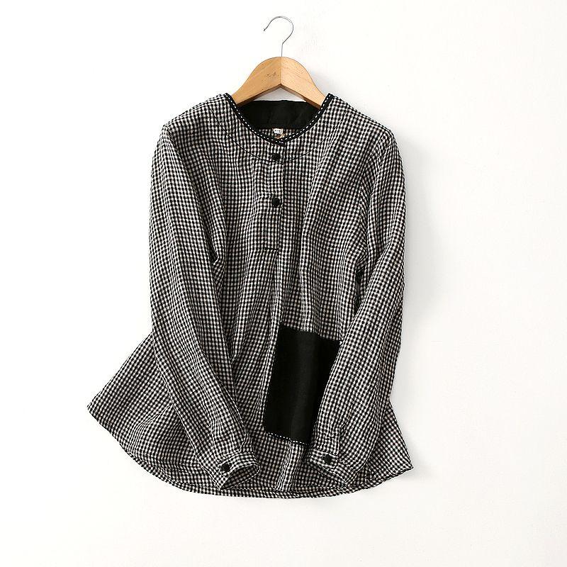 Brick Cabinet! Artistic Style Loose Cotton Linen Plaid Blouse Women's Long-Sleeved Pocket Patchwork Chinese Button Knots Pullover Shirt