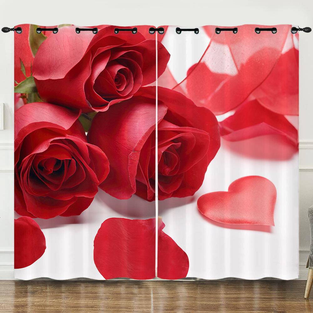 Curtains Flowers Roses Plants Flowers 3D Digital Printing Blackout Curtain Punching