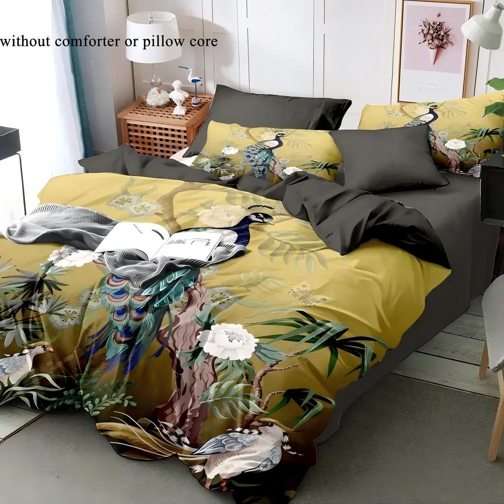 Peacock Flower Pattern 3D Printed Bedding Set Elegant Retro Style Quilt Cover Set Comfortable Polyester Duvet Cover Pillowcases