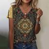 2024 Summer Breathable Comfortable Vintage 3D Floral Print V Neck Shirt Daily Home Short Sleeve T-Shirt Plus Size Women's Tops