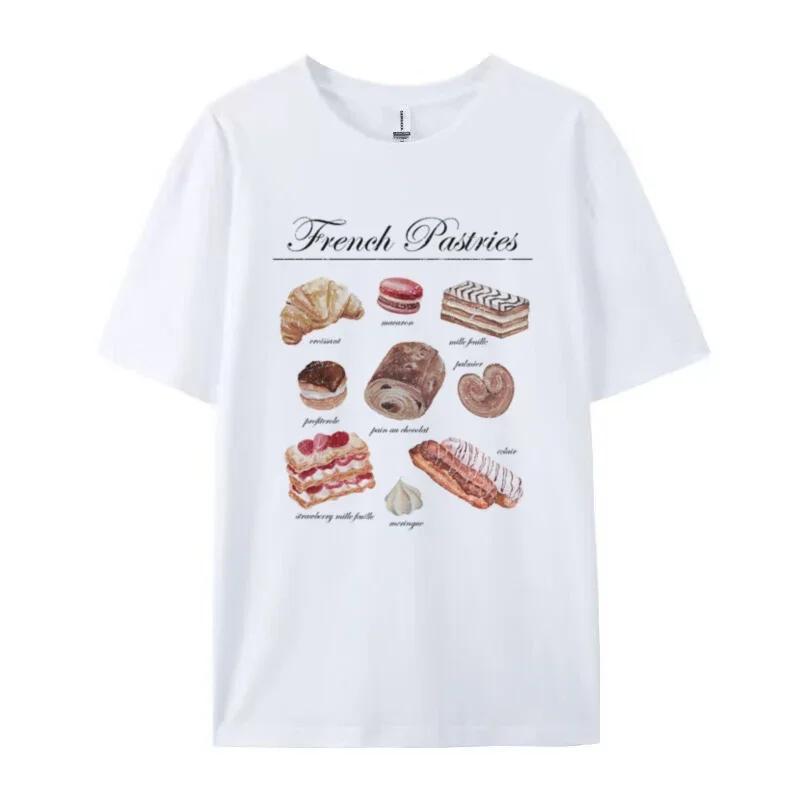 French Pastries Graphic Tees Cotton Women Vintage Boho TShirt Cute Loose Baking T Shirt Aesthetic Foodie Shirt Desserts Lover