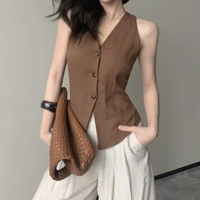 Women's Halter V-Neck Vest Backless Single Breasted Sleeveless Vest Asymmetrical Hem Vest Top Summer Casual Waistcoat