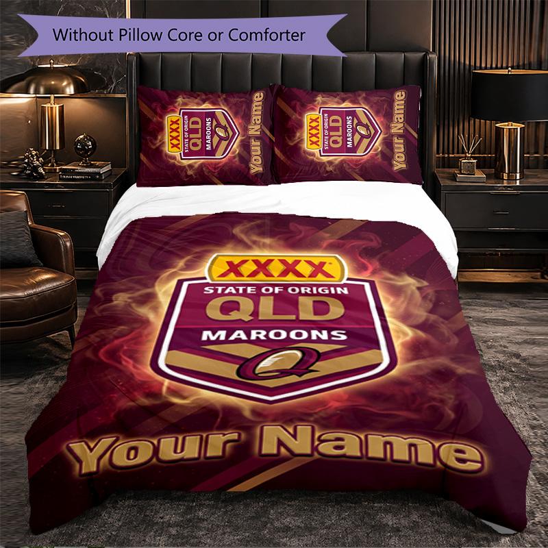 Queensland Maroons Customized Name Text Bedding Set, 1 Duvet Cover & 2 Pillowcases Personalized Bedroom Gift