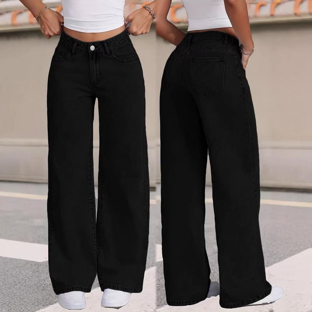 High Waisted Loose Wide Leg Pants, Hanging Floor Length Pants, Black, Straight Leg, Jeans, Women's Pants