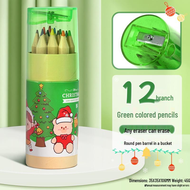 Cartoon Christmas Colored Pencils - 12 Colors in Tube with Sharpener for Kids