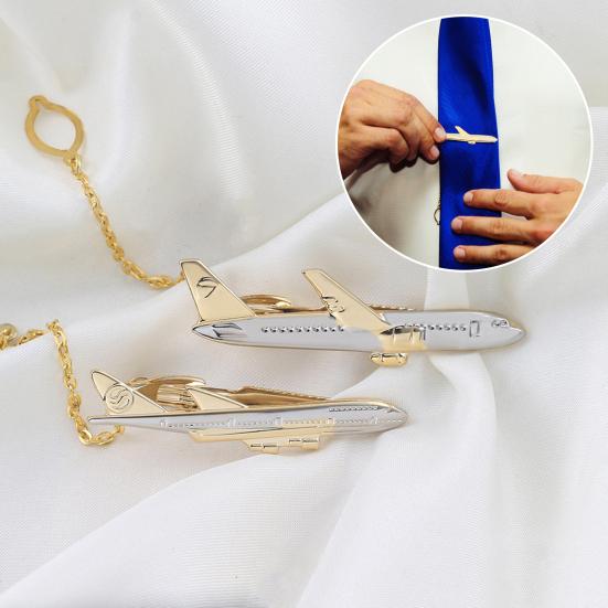 Men Tie Clip Golden Airplane Chain Styling Lapel Pin Detachable Design Practical Tie Tack Commuting Wear Accessory