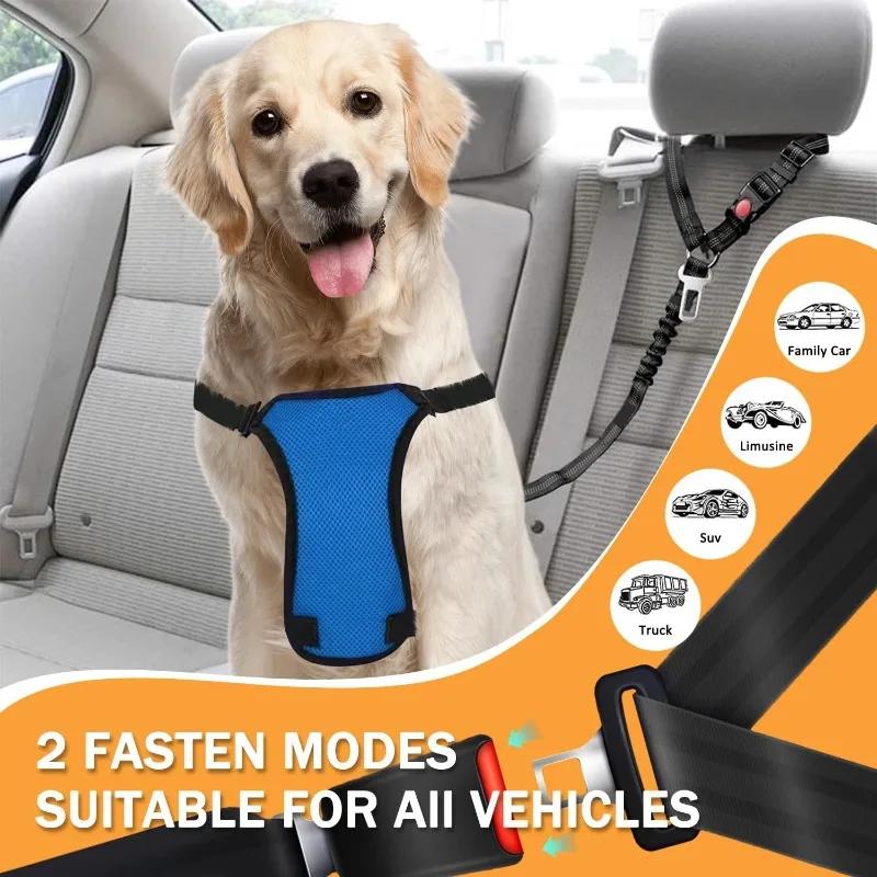 2 In 1 Heavy-Duty Elastic Dog Car Seat Belt Safety Harness, Crash Tested for Pets, Adjustable Travel Tether for Truck SUV Car
