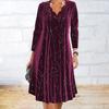 Women Dress Flower Edge V Neck Long Sleeve A-line Loose Sequin Soft Pullover Knee Length Commute Party Prom Midi Dress